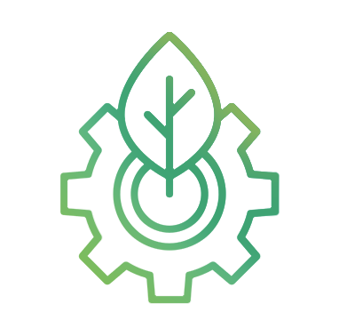 Icon, welches für Nachhaltigkeit steht. Es zeigt ein Zahnrad und ein grünes Blatt.